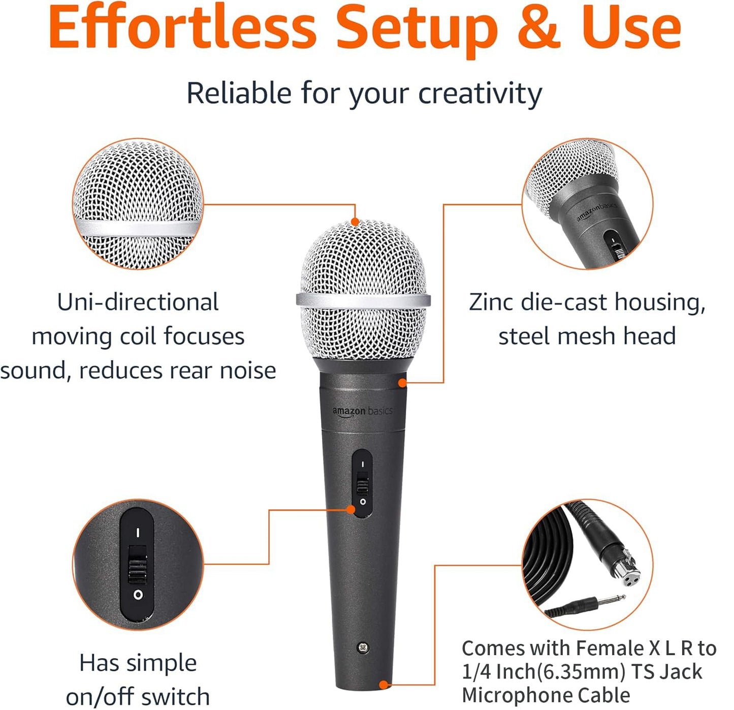 Amazon Basics Dynamic Vocal Microphone with Cable for Podcasting, Recording, Broadcasting, Live Performance, Karaoke, Cardioid Pattern