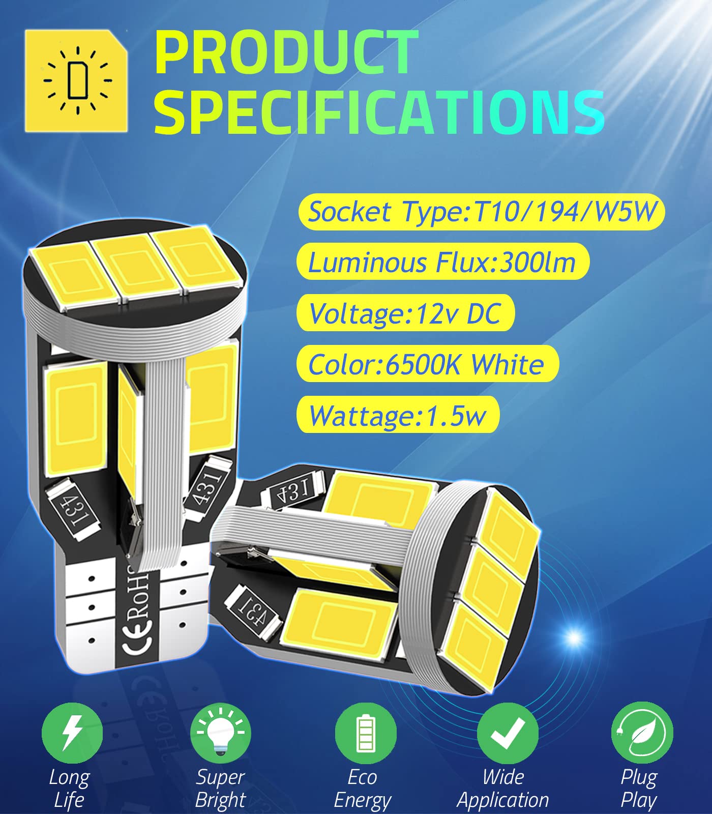 194 T10 168 W5W LED Bulb, Extremely Bright 12V 11SMD 5630 Chipset Bulb