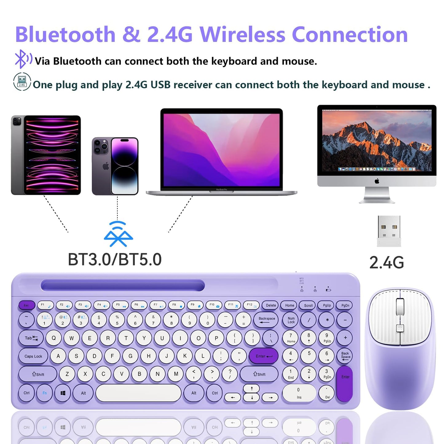 Bluetooth Keyboard and Mouse Wireless, Multi-Device Rechargeable Keyboard and Mouse Combo with Phone Holder (Bluetooth 5.0+3.0+2.4GHz) Quiet Ergonomic