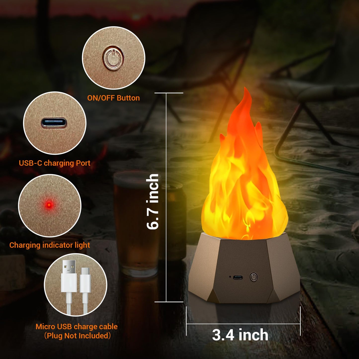 Ollcuz Fake Fire Lamp, USB Rechargeable Flameless Candles with Flickering Flame, 3-Mode LED Flame Light for Outdoor Camping Holiday Halloween