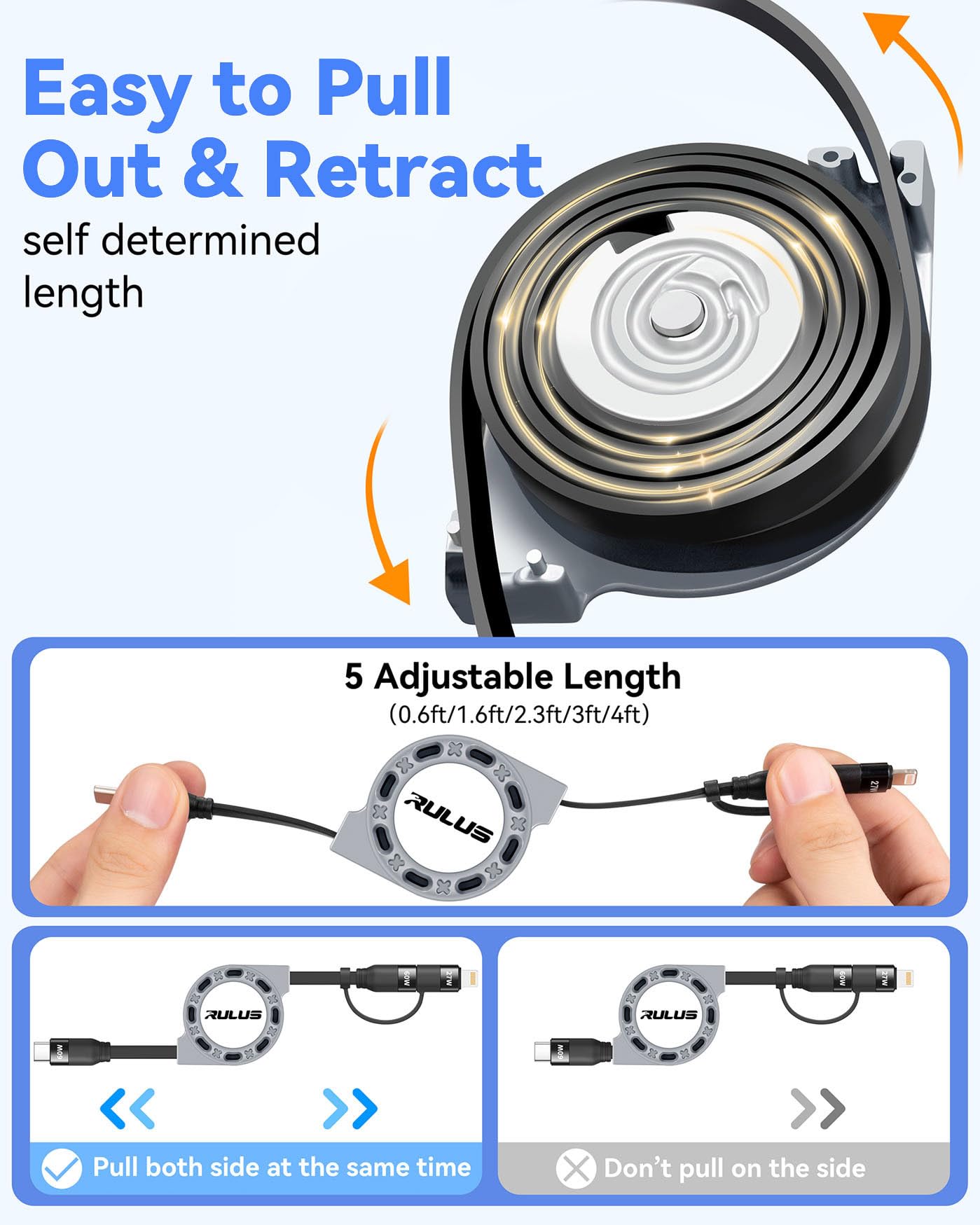 RULUS 2 in 1 Retractable USB C Cable 60W, [2Pack,4ft] Retractable USB C to C/Lightning (PD 27W) Fast Charging & Data Sync with IP/Type C Ports