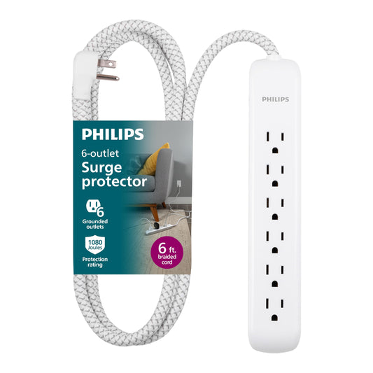 Philips 6 Outlet Power Strip Surge Protector, 6 Ft Power Cord, Designer Braided Extension Cord, Flat Plug, Perfect for Office or Home Décor, 1080