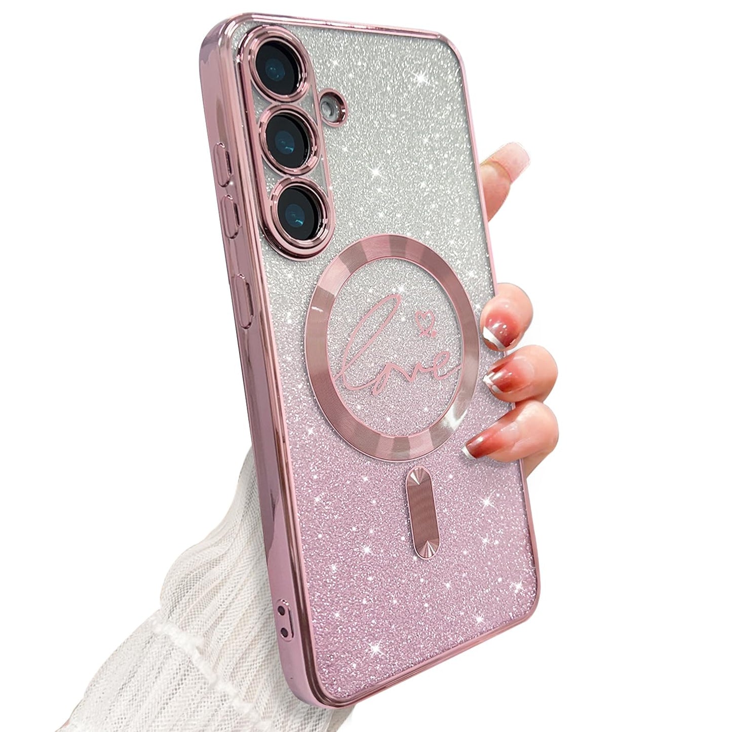 ZONRW for Samsung Galaxy S26 Case Magnetic,for Women Girl Soft Cute Luxury Love Heart Plating Bling Gradient Glitter Clear Phone Case Compatible