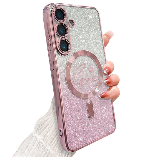 ZONRW for Samsung Galaxy S26 Case Magnetic,for Women Girl Soft Cute Luxury Love Heart Plating Bling Gradient Glitter Clear Phone Case Compatible