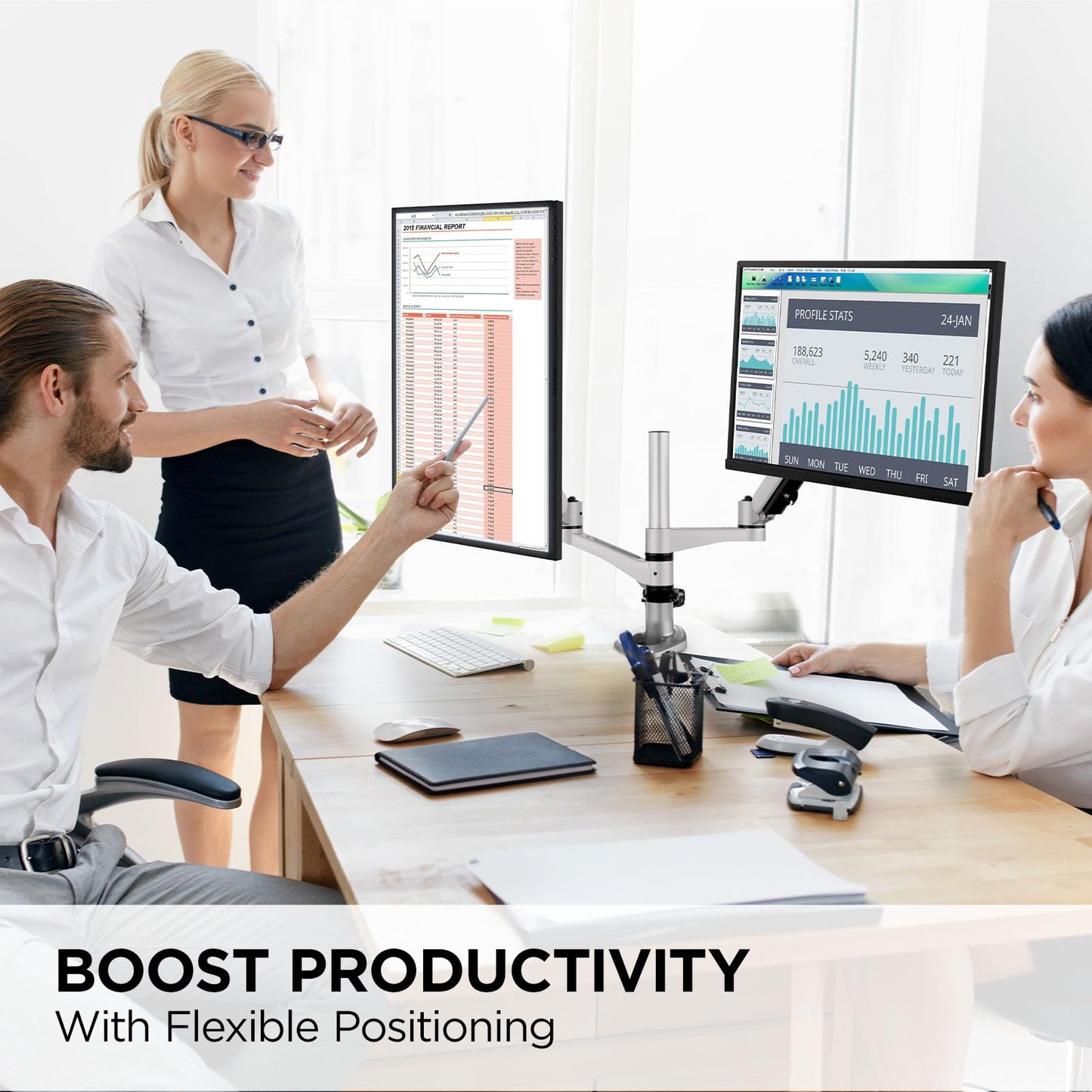 ViewSonic LCD-DMA-002 Spring-Loaded Monitor Desk Mounting Arm for 2 Monitors up to 27 Inches Each, VESA Compatible, Full Ergonomic Adjustability