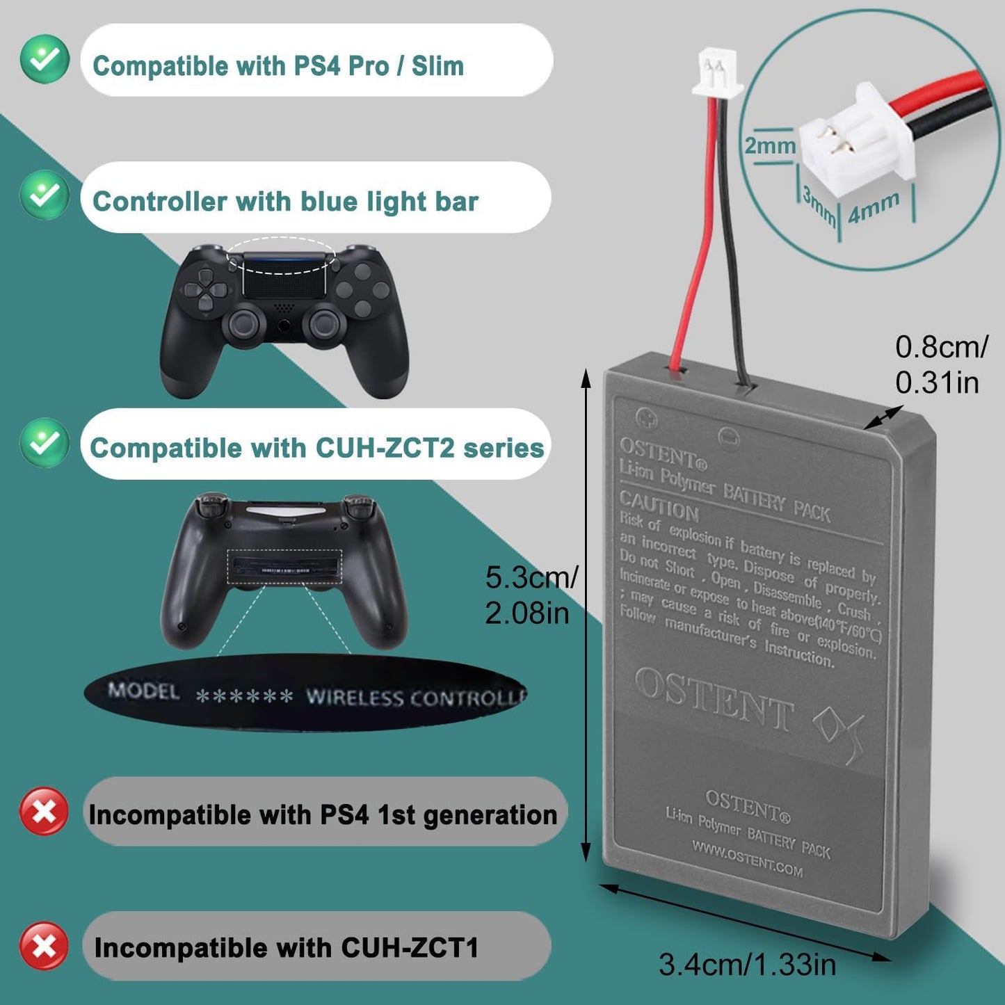 OSTENT 1000mAh 3.65V 3.7Wh Rechargeable Li-ion Battery Pack Replacement for Sony PS4 Pro/Slim CUH-ZCT2 Series Bluetooth Wireless Dual Shock Controller