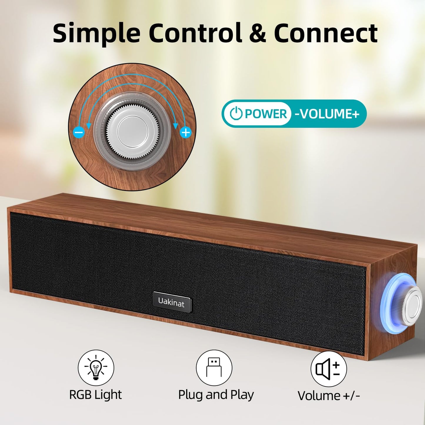 Uakinat Computer Speakers,Wooden Multimedia Digital Speaker,USB Powered 3.5mm AUX PC Speakers,Surround Sound Portable Computer Sound Bar Speaker