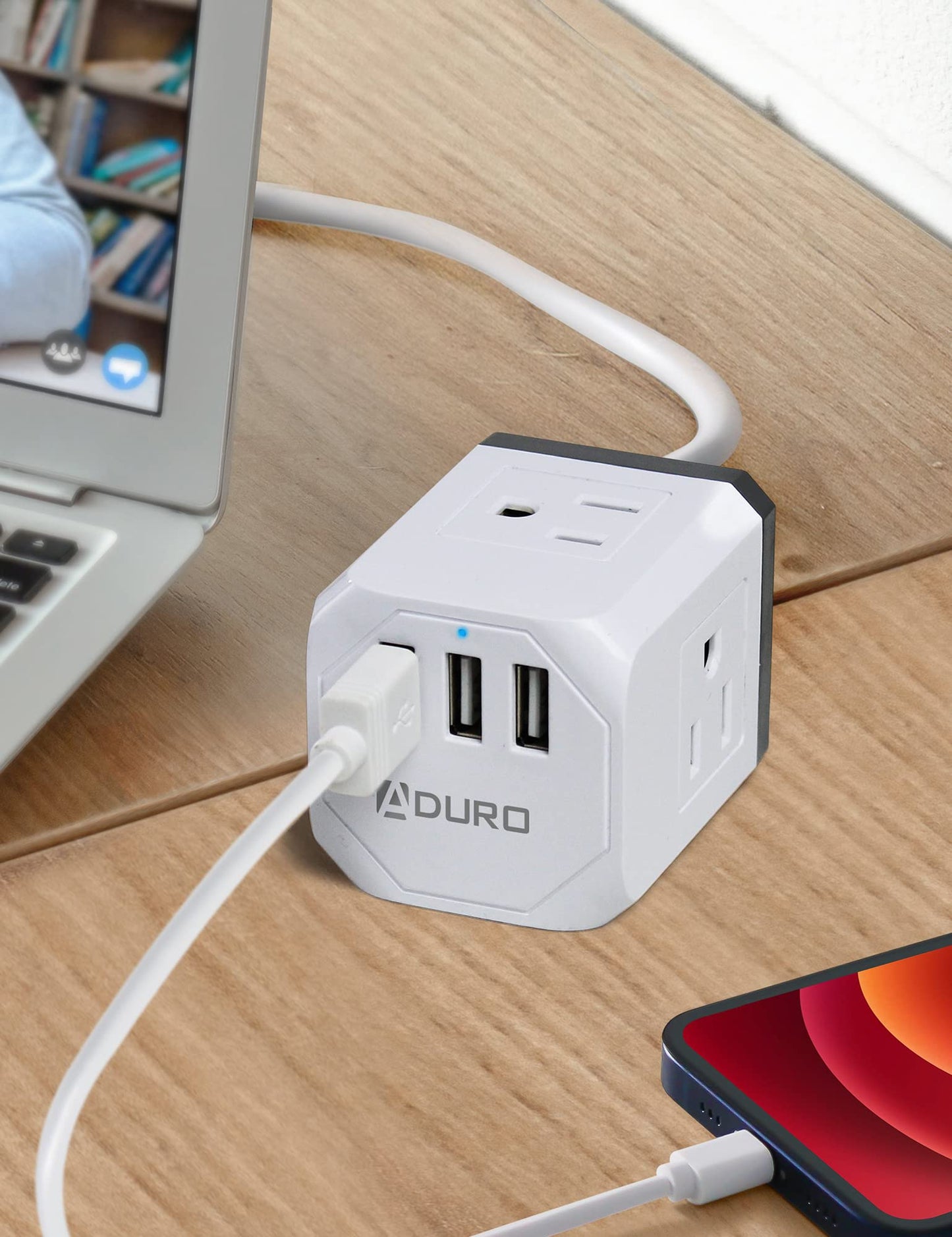 Aduro PowerUp Square Multiple Plugs & USB Power Strip with 3 USB Ports + 3 AC Plug Outlets, White/Grey