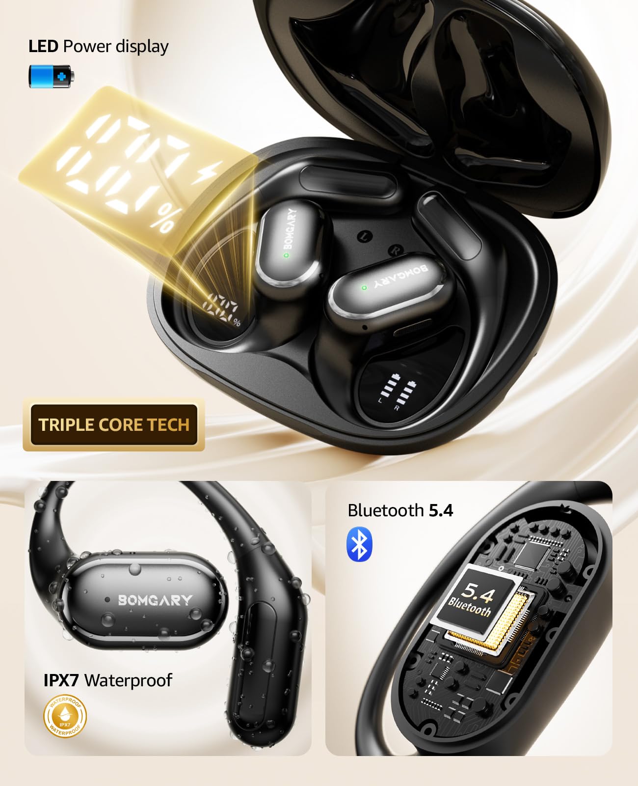 Tzfunmi Open-Ear Bluetooth Wireless Earbuds: Wireless Headphones for Runners & Cyclists - IPX7 Waterproof - 5.4 Bluetooth Ear Buds with LED Digital…
