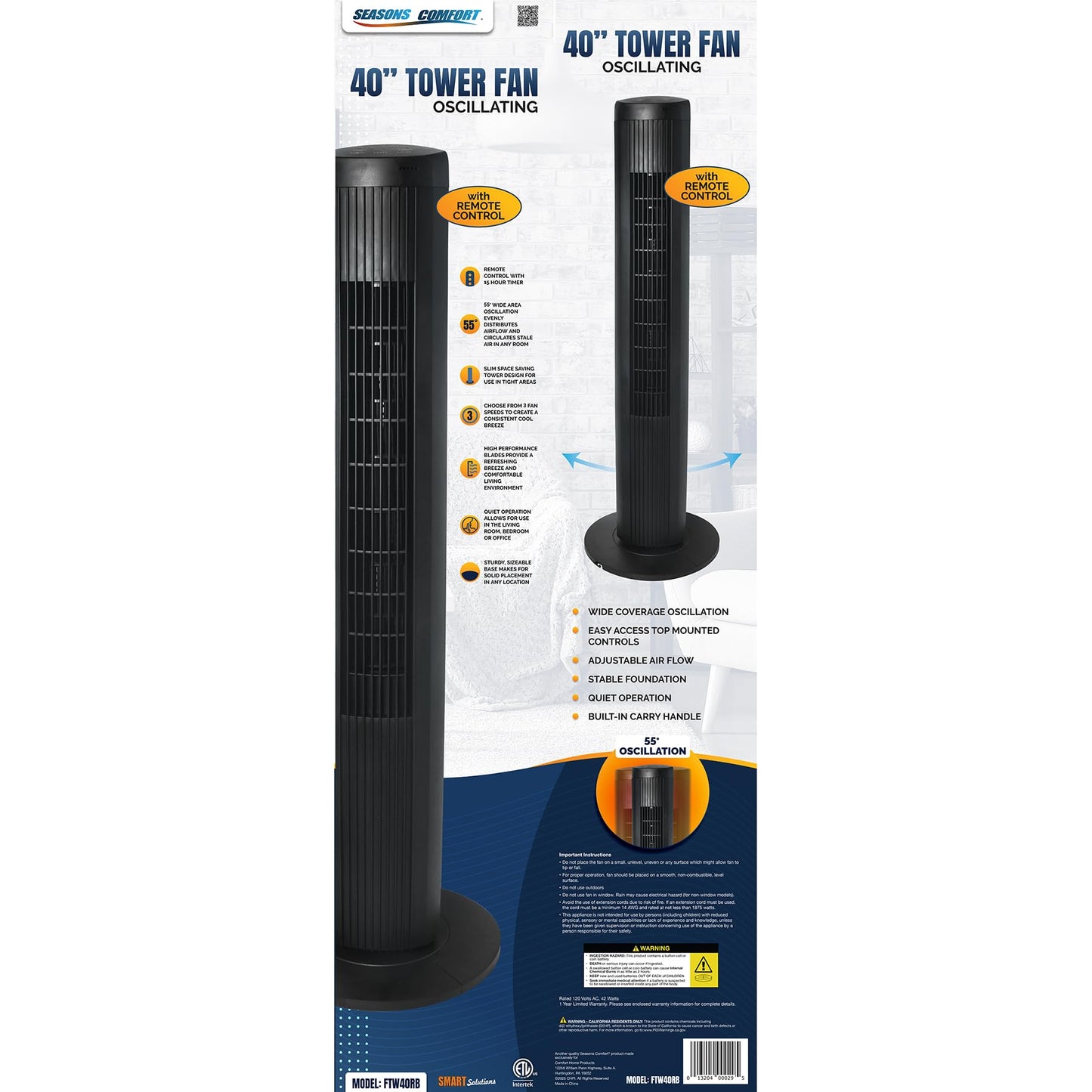 Seasons Comfort 40" Tower Fan with Remote, 55 Degree Oscillation - FTW40RB