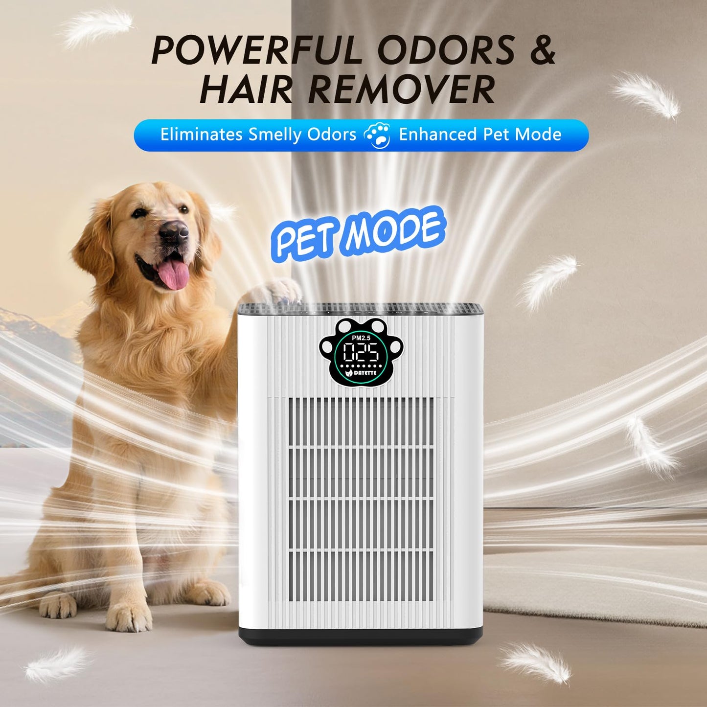 DAYETTE Pet Air Purifier for Home Large Room 3400 Ft², TVOC & PM2.5 Sensors