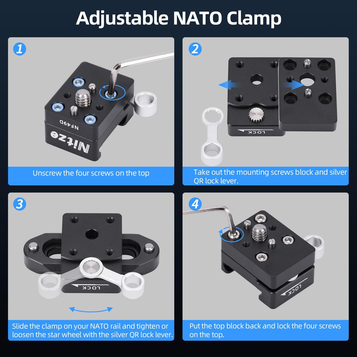 Nitze Quick Release NATO Clamp, with 1/4" Screws and Removable Locating Pins - NF49D