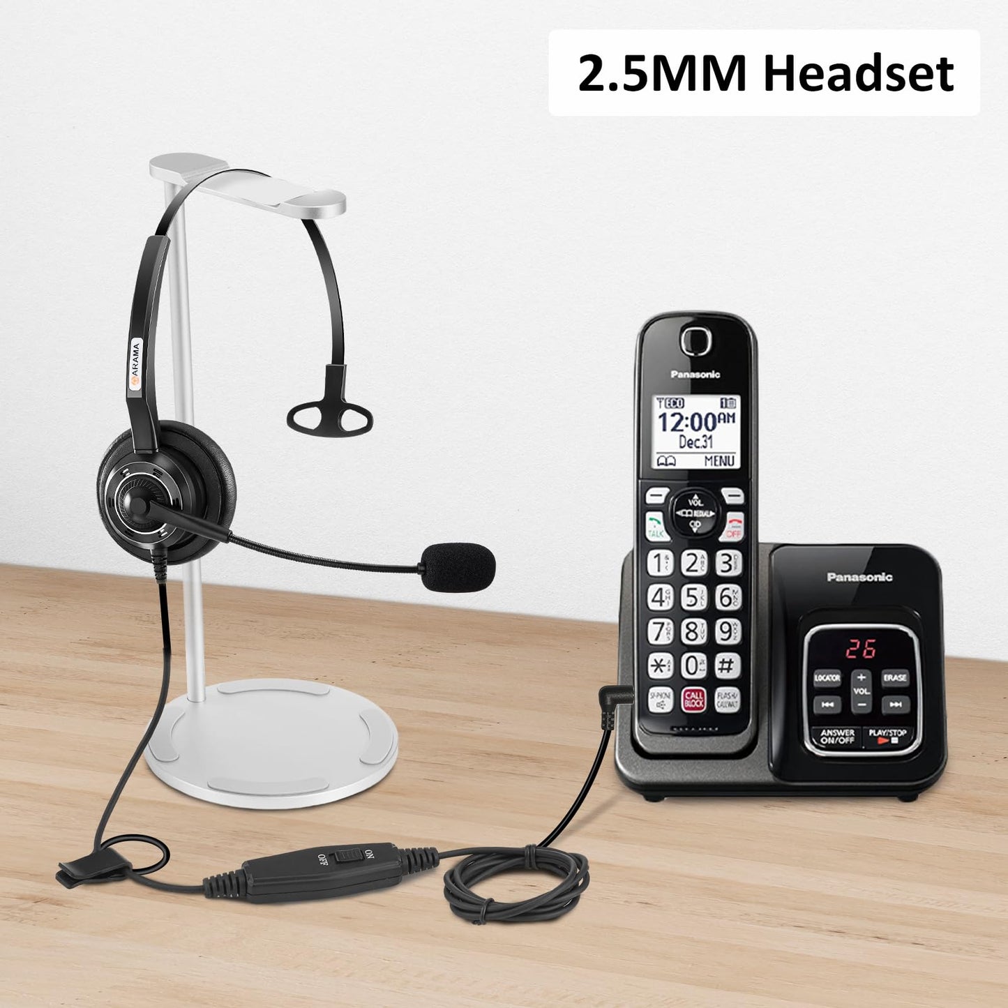 Phone Headset 2.5mm with Microphone Noise Canceling Mute Switch, Telephone Headset for Landline Cordless Phones Compatible with Panasonic VTech AT&T