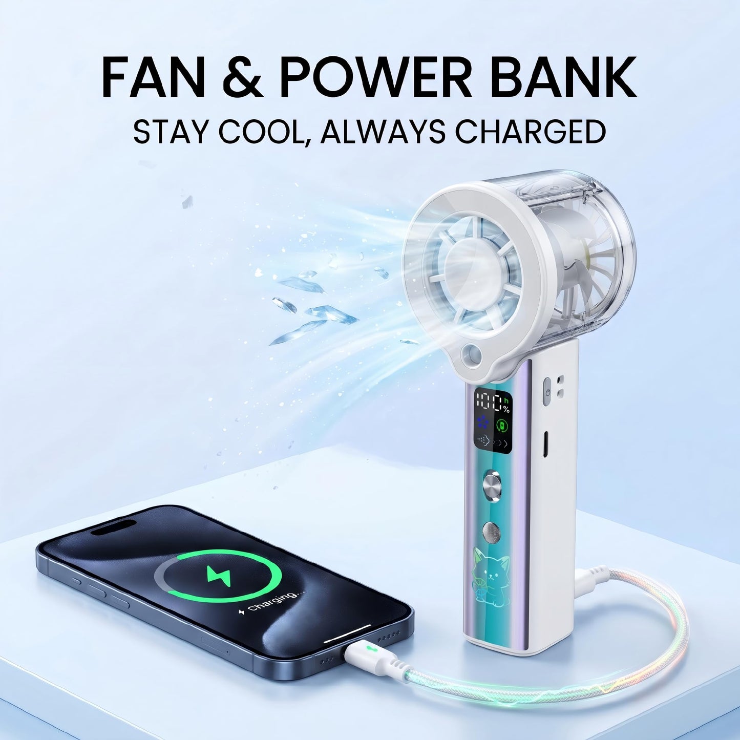 Handheld Misting Fan 100-Speed USB Rechargeable 12H Battery 3-in-1 Neck Fan