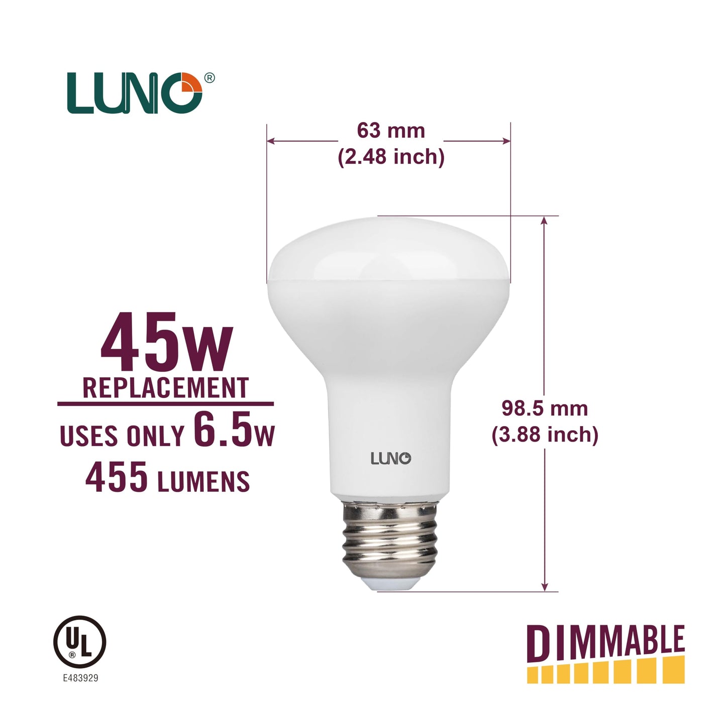 LUNO R20 Dimmable LED Bulb, 6.5W (45W Equivalent), 455 Lumens, 4000K (Neutral White), Medium Base (E26), UL Listed (4-Pack)