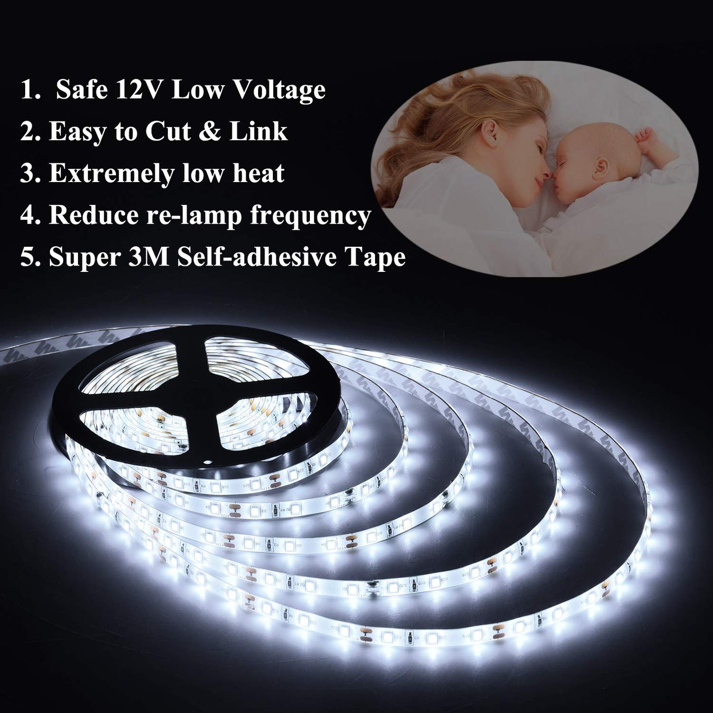 JUNWEN 16.4ft White Led Strip Lights, 12V Waterproof Led Strip Lights Flexible Light Strip Indoor for Bedroom, Kitchen, Bathroom(Not Included Power)