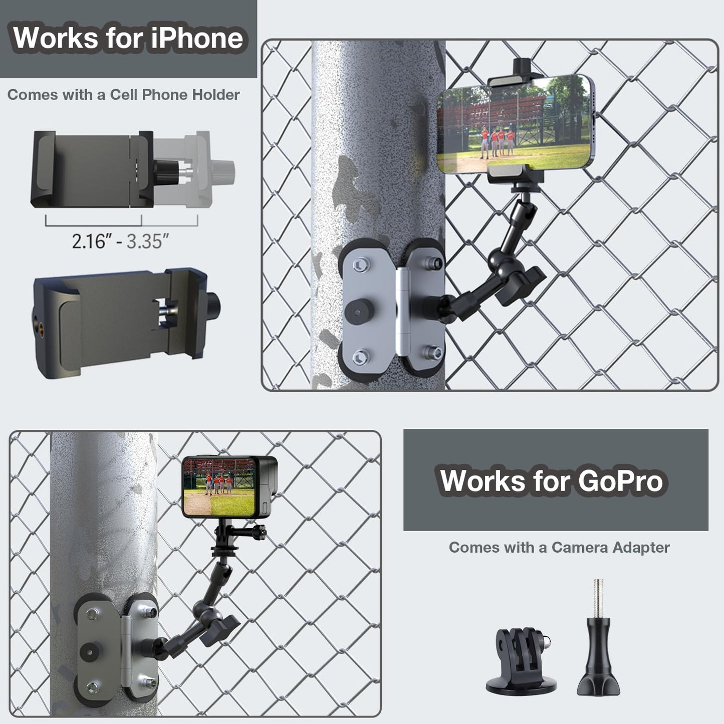 Magnetic Fence Mount for Mevo Start, GoPro, iPhone and Action Cameras - Two 1/4" Mount Points, Camera Magnet Holder for Game Changer at Baseball Field