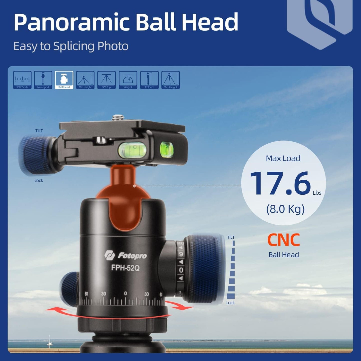 Fotopro 78inch Horizontal Tripod with Multi Angle Center Column Ball Head Aluminum Central Axis Platform, Heavy Duty Camera Tripod Monopod 360° Pan