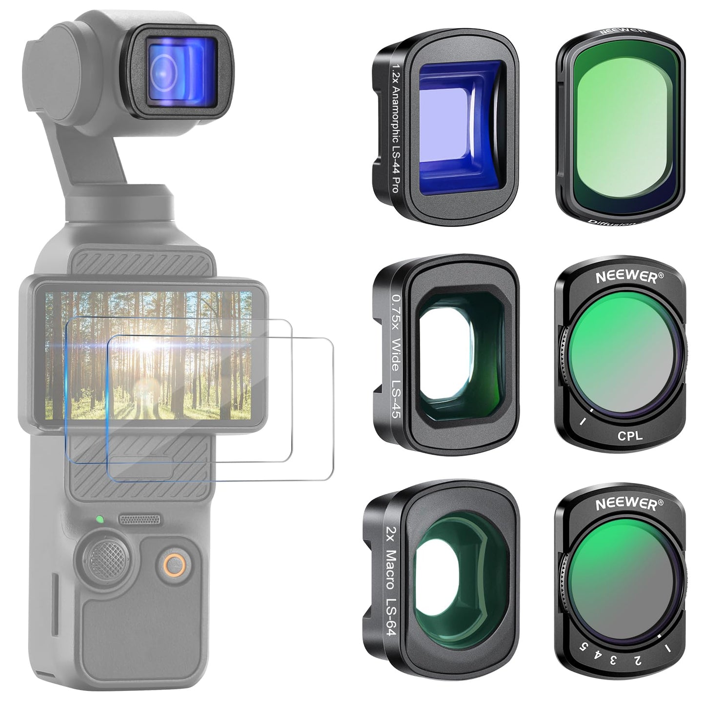 NEEWER 3 Pack ND Filter Set (Variable ND2-32, CPL, 1/4 Black Diffusion) & 0.75X Wide Angle Lens, 2X Macro Lens, 1.2X Blue Anamorphic Lens, Screen