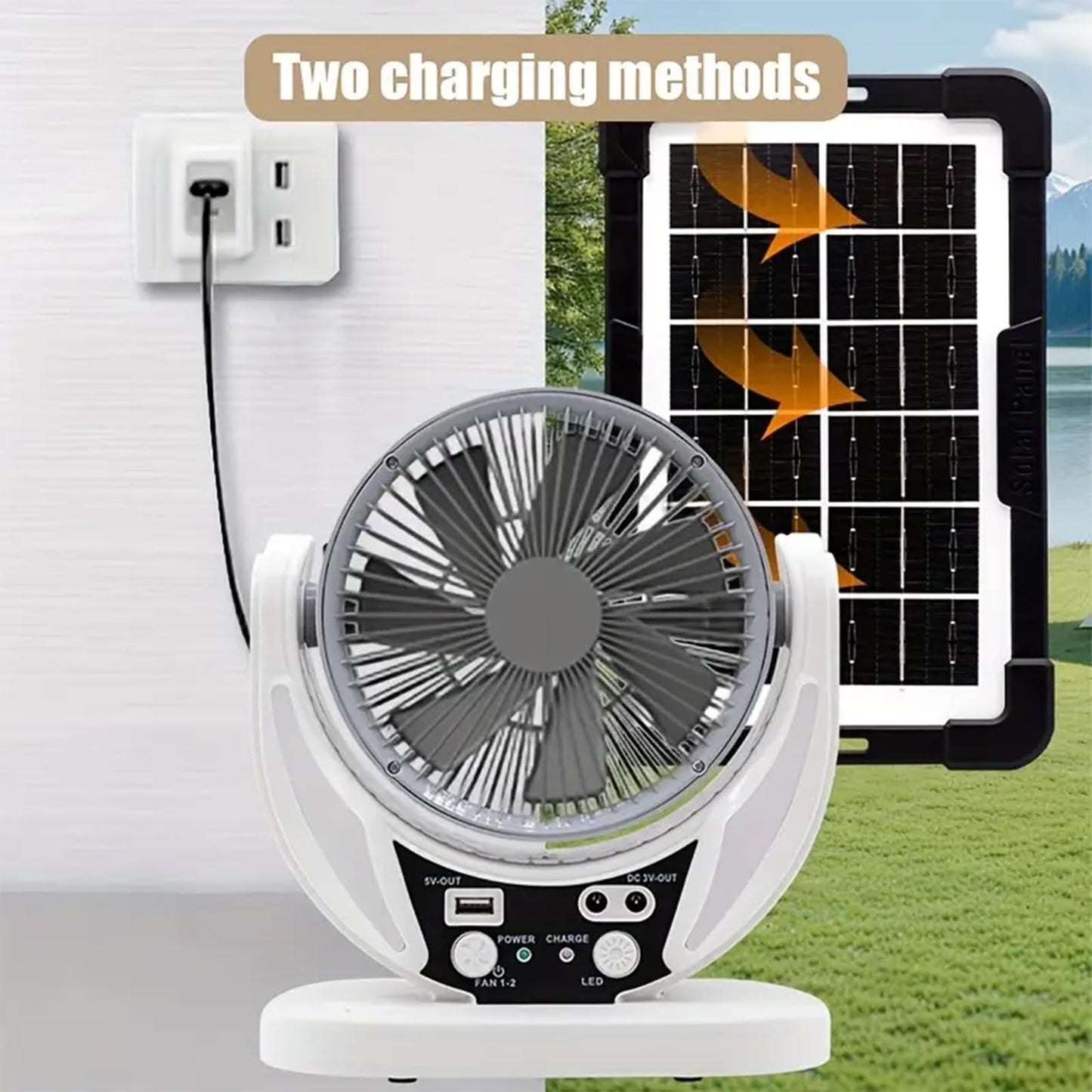 Camping Fan with Solar Panel, Rechargeable Battery Powered Tent Fan with LED Light & Bulbs, Portable Desk Fan for Outdoor Camping, Fishing, Hurricane