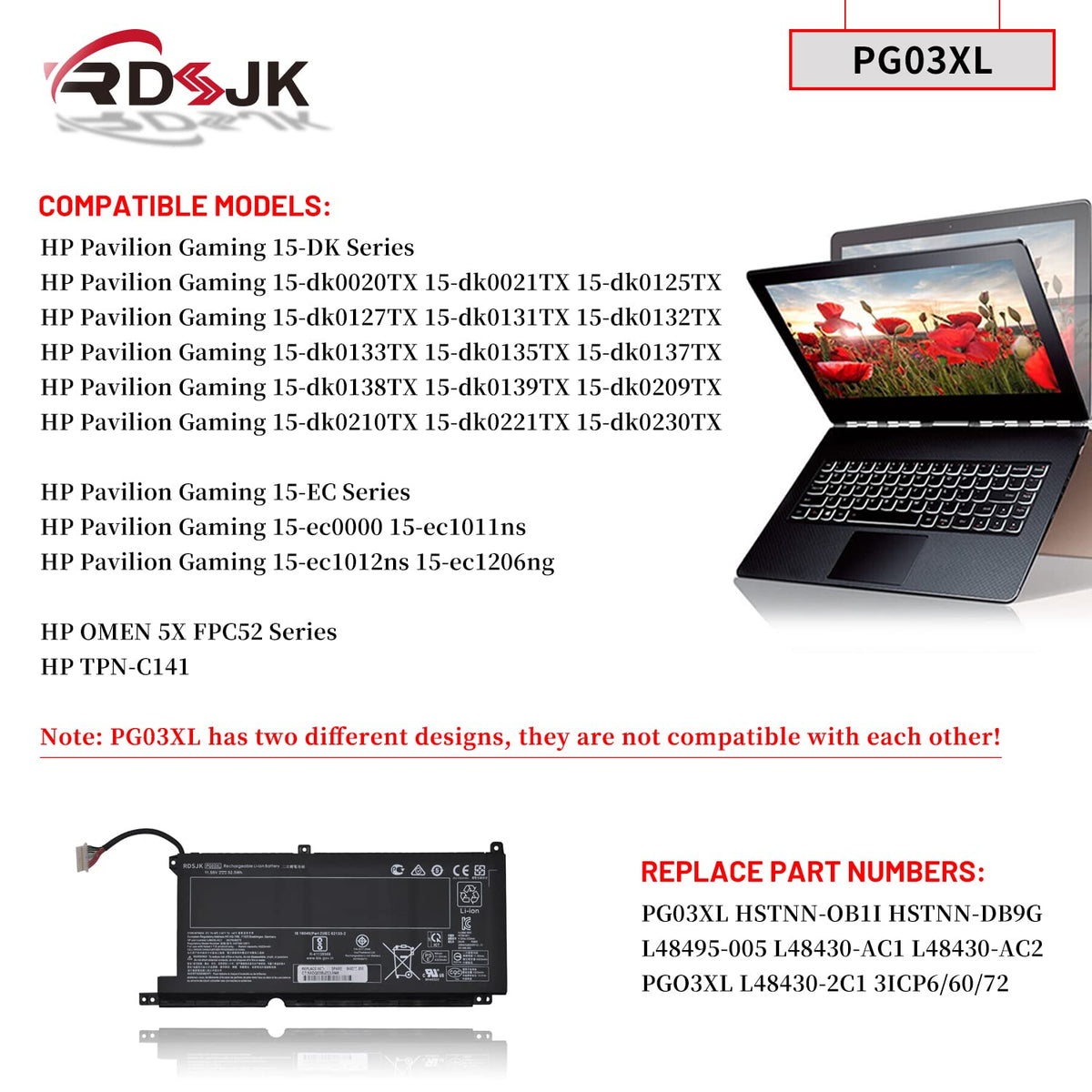 PG03XL Laptop Battery for HP Pavilion Gaming 15-DK 15-dk0020TX 15-dk0021TX 15-EC 15-ec0000 15-ec1011ns OMEN 5X FPC52 Series PGO3XL HSTNN-OB1I