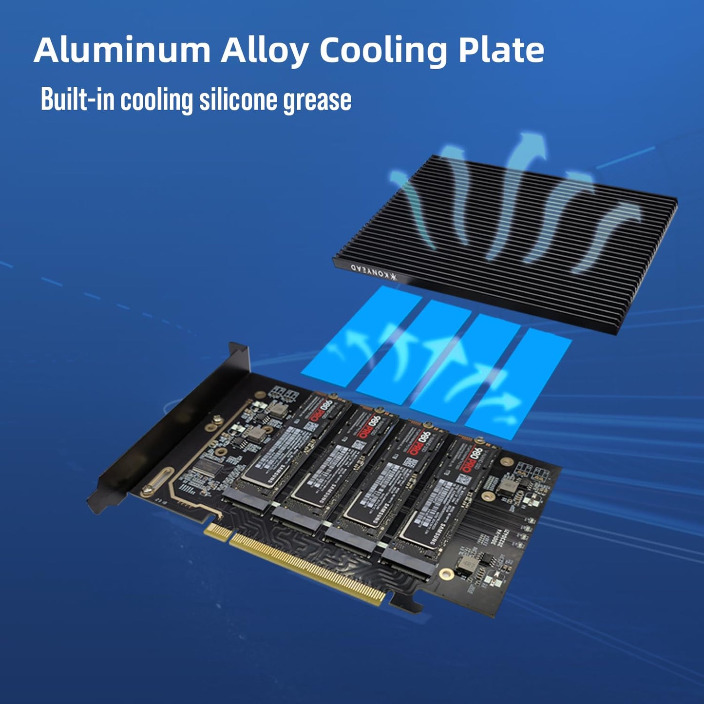 KONYEAD pcie4.0 x16 to m.2 m-Key nvme x 4 ssd Expansion Card with Heatsink?Supports 4 NVMe M.2 2280 up to 256Gbps?M2 Adapter Card 2280 Driver Free
