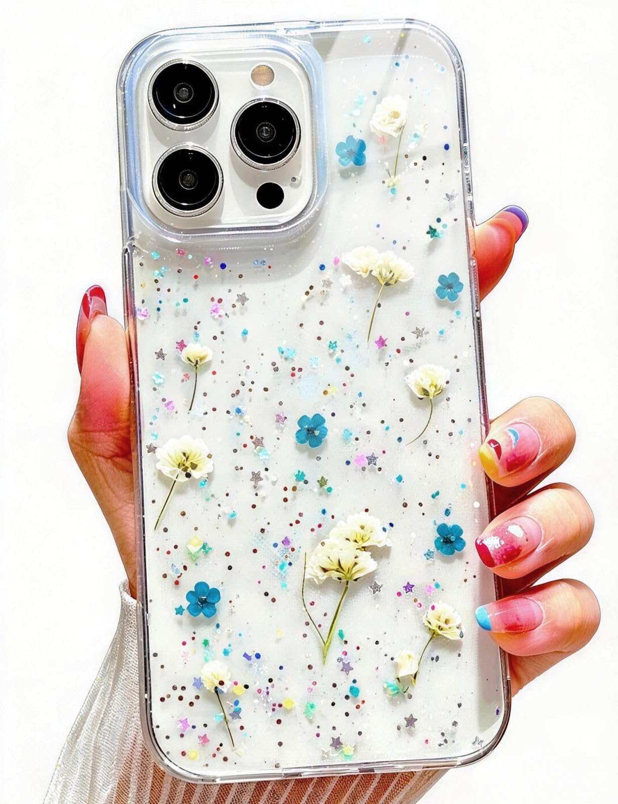 IAIYOXI for iPhone 17 Clear Case with Pressed Real Flowers Design - Glitter Cute White Floral Pattern, Slim Soft TPU Protective Phone Cover for Women