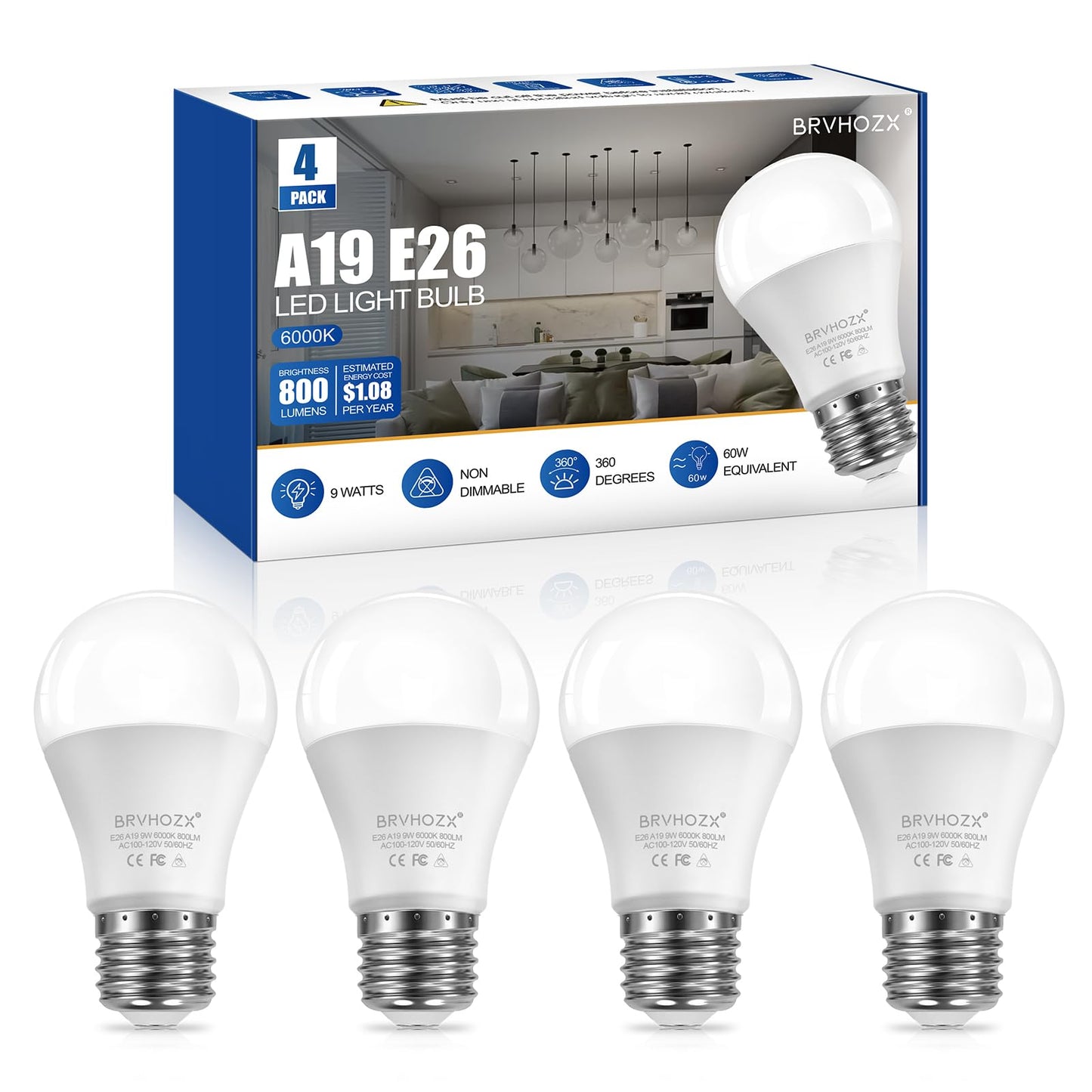 BRVHOZX A19 LED Light Bulbs, 9W Daylight White 6000K 800LM with E26 Base, Equivalent to 60W Halogen, Non-Dimmable, 360°Beam Angle, AC 100-120V, Led