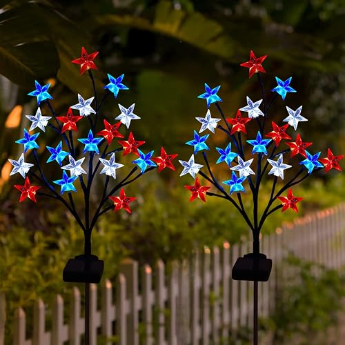 2 Packs Solar 4th of July Decorations Outdoor Lights, Solar Red White and Blue Star Pathway Lights, Waterproof Outdoor Patriotic Decorations Lights