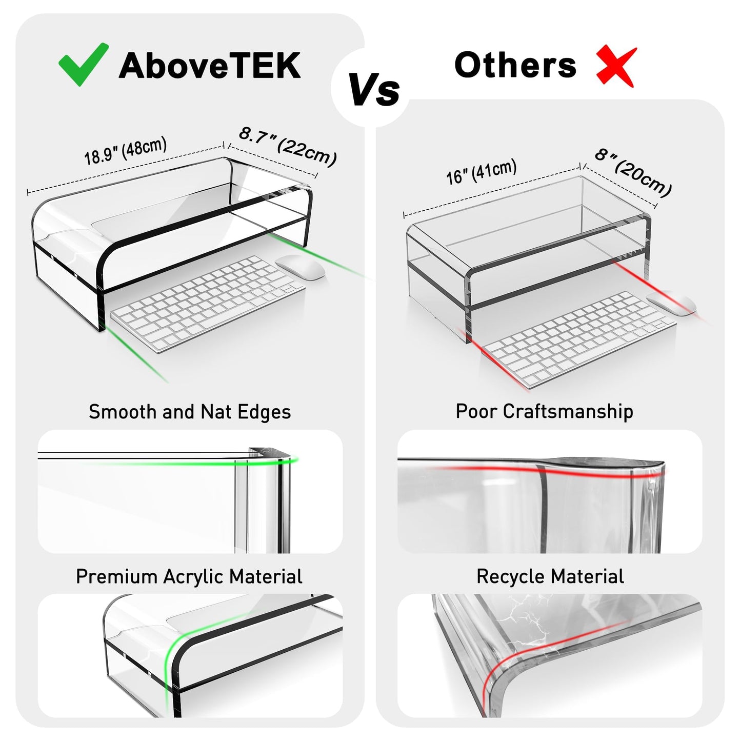 AboveTEK 2-Tier Acrylic Monitor Stand, Computer Riser for Home Office, Clear Monitor Riser for Keyboard Storage, 18.9" x 8.7" Multi Monitor Desk Stand