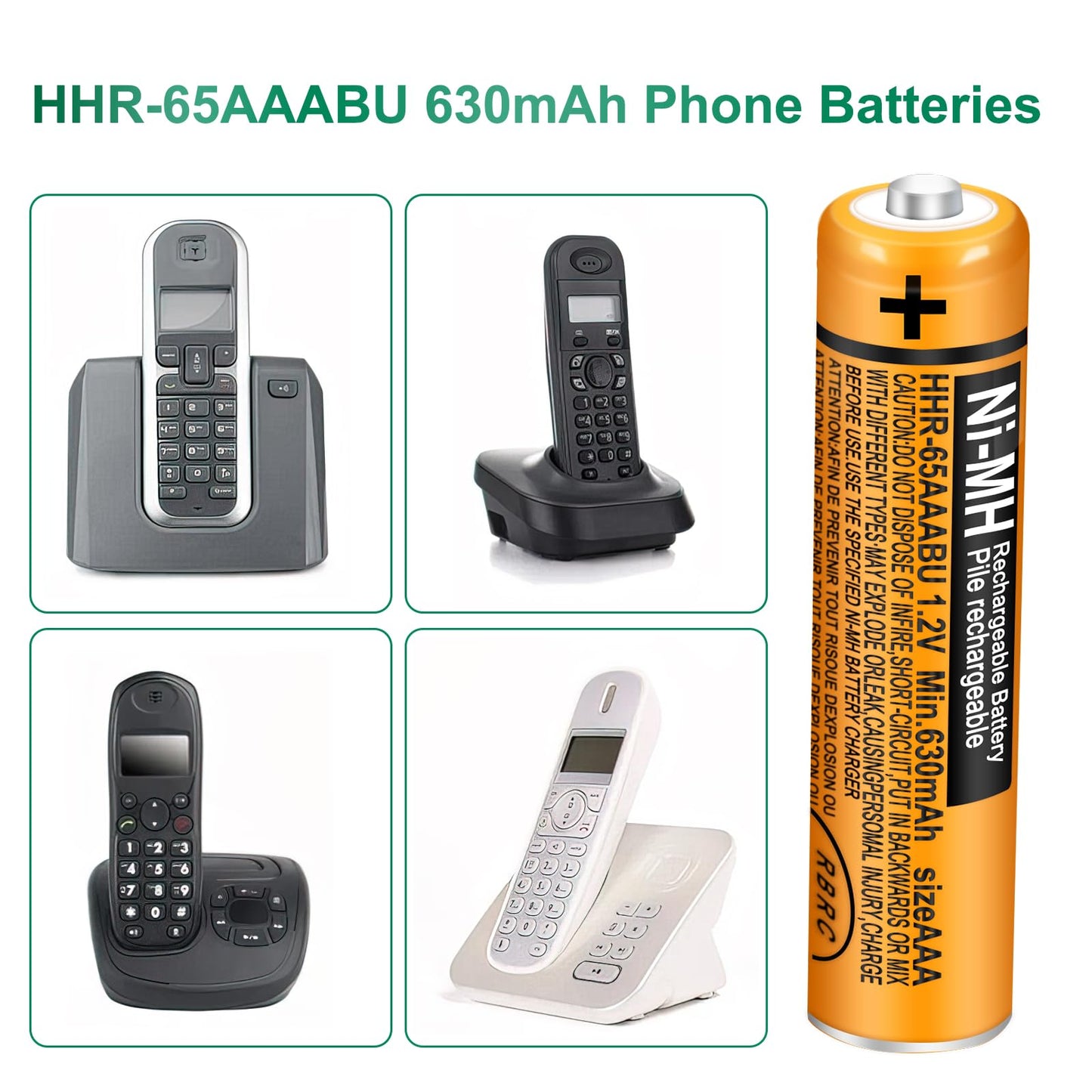 Triangle Power 4 Pack HHR-65AAABU NI-MH Rechargeable Battery for Panasonic 1.2V 630mAh AAA Battery for Cordless Phones