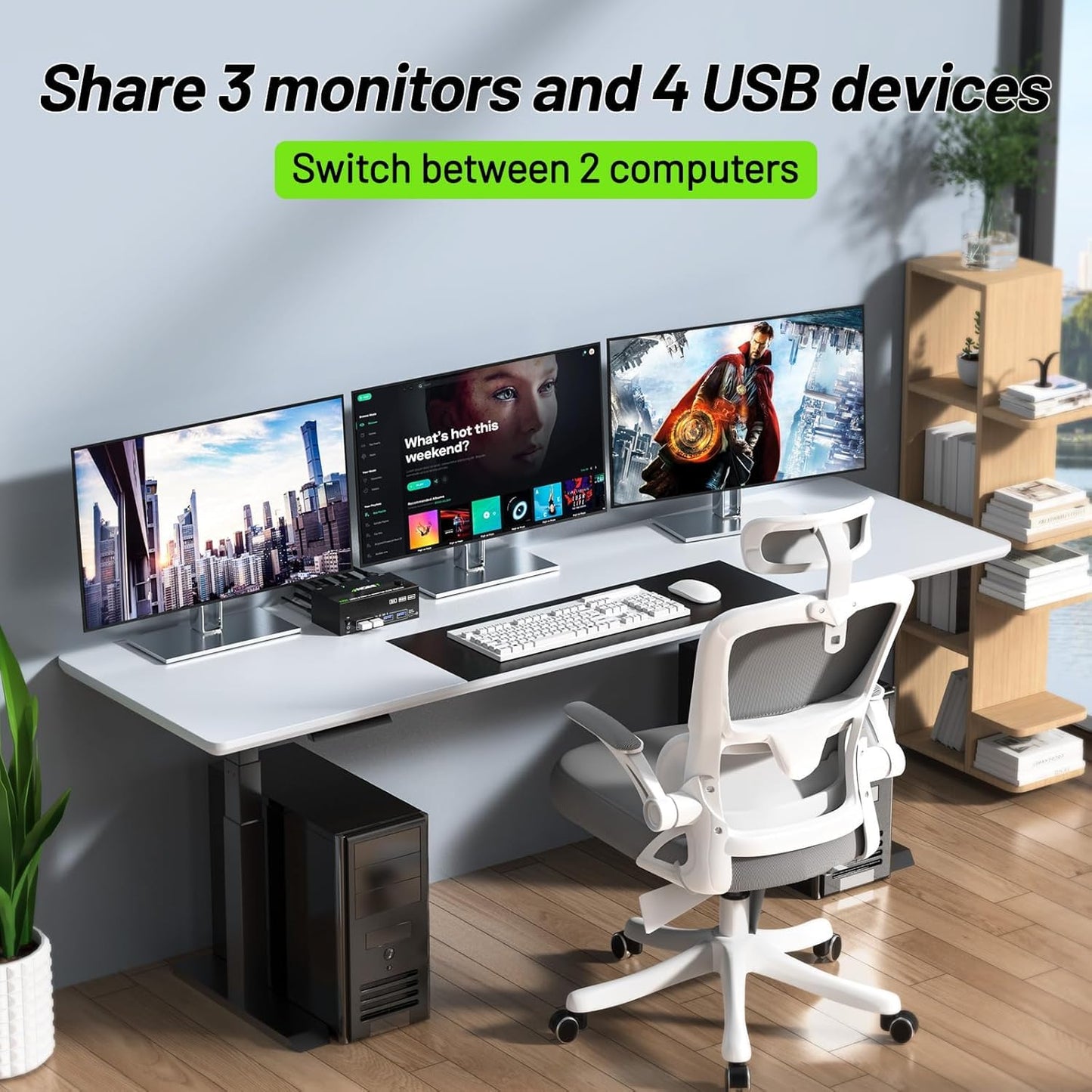 KVM Switch 3 Monitors 2 Computers 8K@60Hz 4K@144Hz, USB 3.0 Triple Monitor KVM Switch with 4 USB 3.0 Ports, 2*Displayport+1*HDMI in,3*HDMI Out,Wired