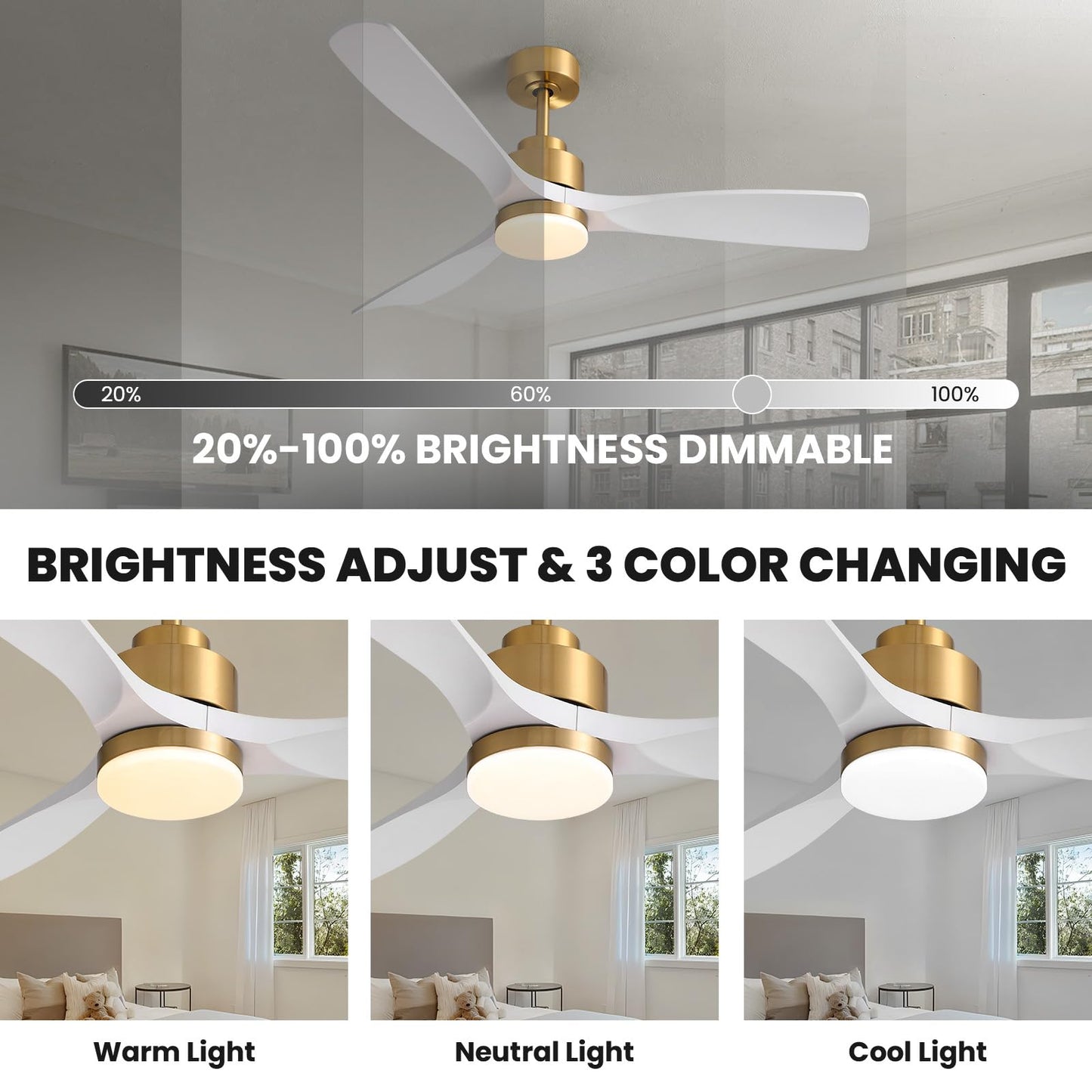 CROSSIO Modern Ceiling Fan with Lights, Gold-White, 52' x 52' x 14.8', 3 Blades, DC, Reversible, Dimmable LED, Remote Control, Indoor, 6 Speeds