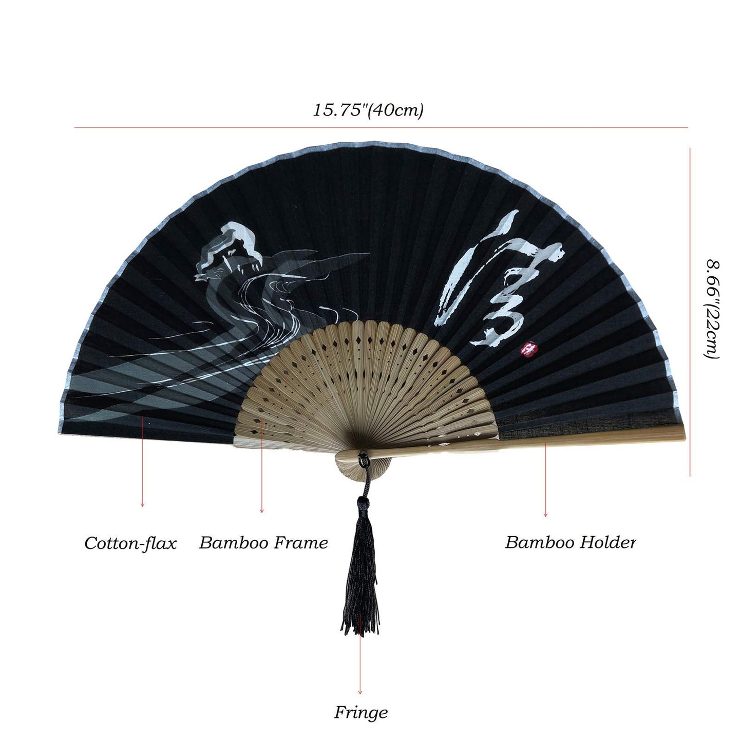 Eastern Wind 8.3in black bamboo hand floding fan, Japanese rave fan