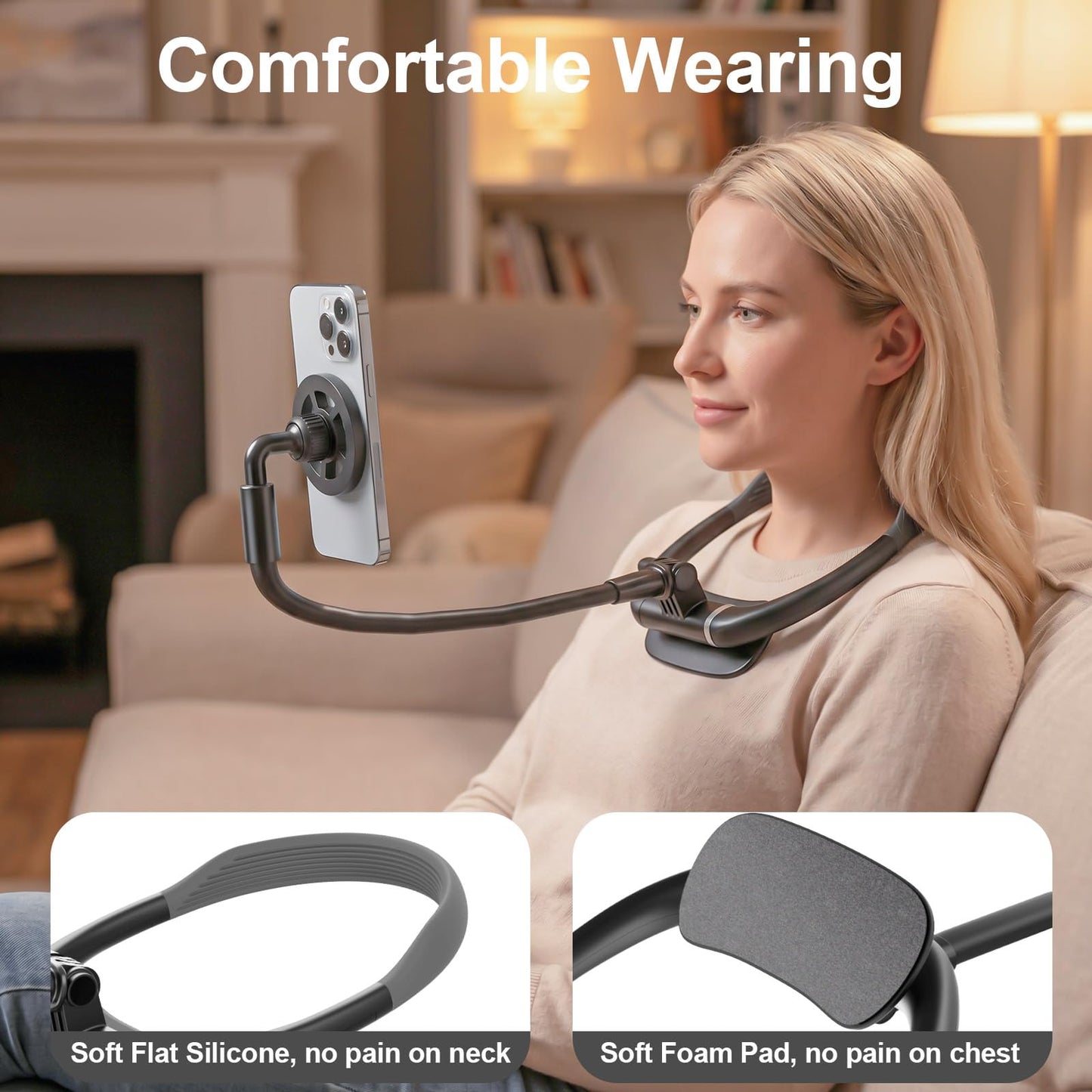 LenTok Magnetic Neck Phone Holder for Reading in Bed, One-Hand Operation Comfortable Lazy Cell Phone Mount for iPhone, Around Neck for Video Recording