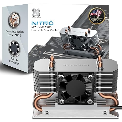 Titanium Micro SSD Heatsink Cooler M.2 NVMe Heatsink for Single Double Sided SSD 2280 with Copper Heatpipe, 30mm PWM Cooling Fan, Reduce up to 40°C