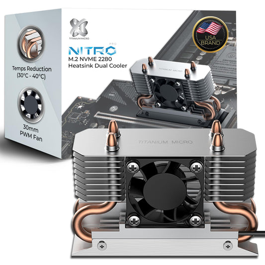 Titanium Micro SSD Heatsink Cooler M.2 NVMe Heatsink for Single Double Sided SSD 2280 with Copper Heatpipe, 30mm PWM Cooling Fan, Reduce up to 40°C