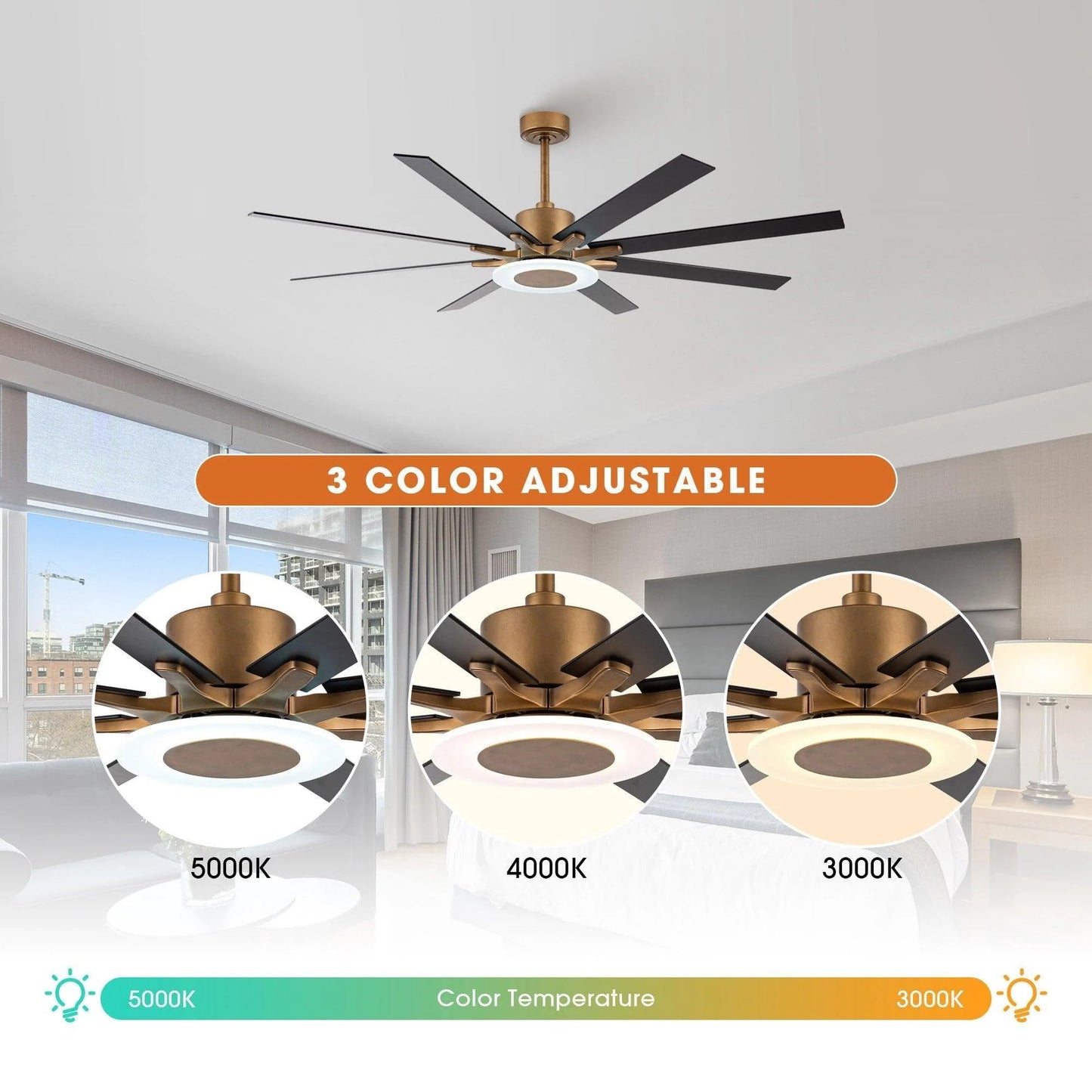 Vaczon 65" Gold Modern Ceiling Fan with Lights & Remote - Dimmable LED, 6 Speeds, Reversible DC Motor, Timer, Noiseless, Indoor/Outdoor Use