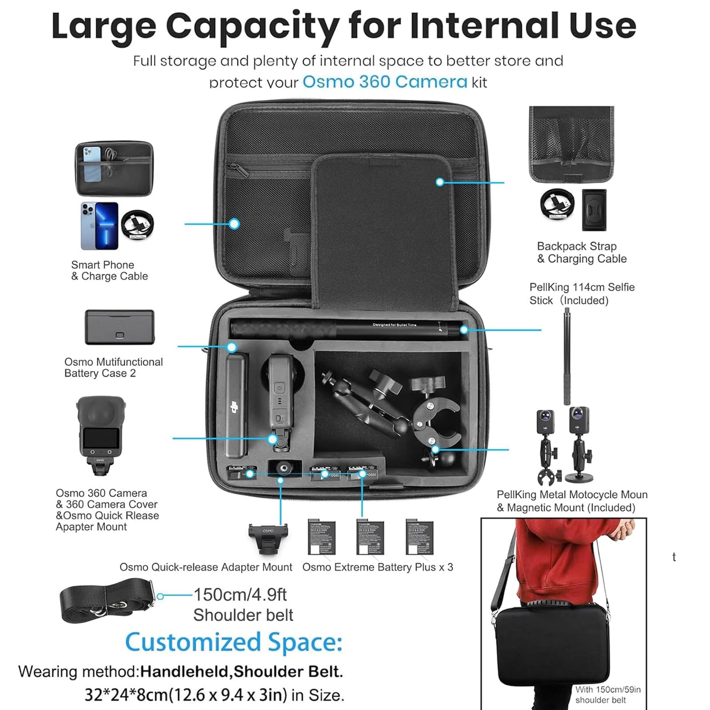 PellKing Accessories Kit for DJI Osmo 360,Included Carrying Case with Belt,2 Pcs Metal 1/4" Adapter,Handlebar Clamp,Magnetic Mount,43in Selfie