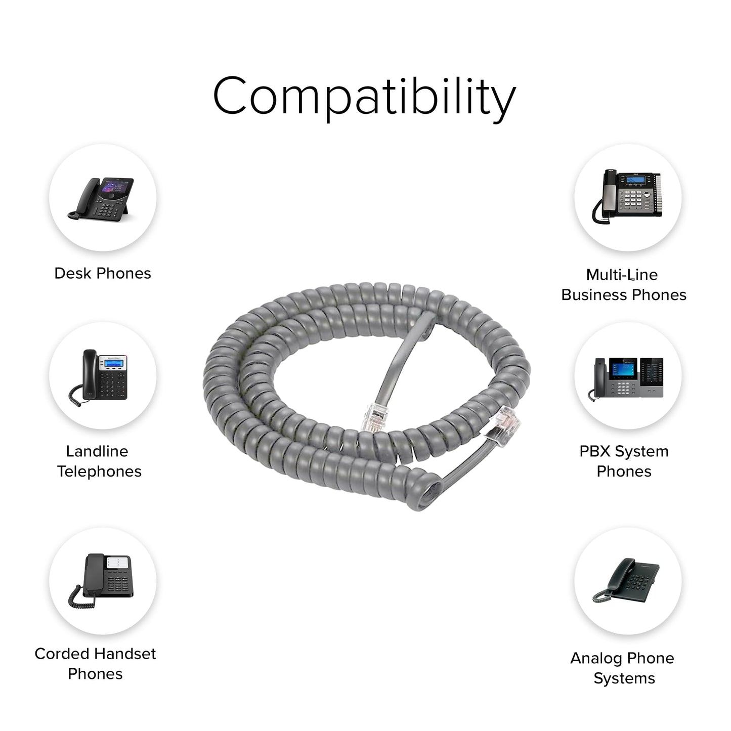 Lumenzi Long-Lasting 4 Inch Lead Handset Cord - Medium Gray Telephone Cable for Extended Use and Reliable Performance - 25 FT