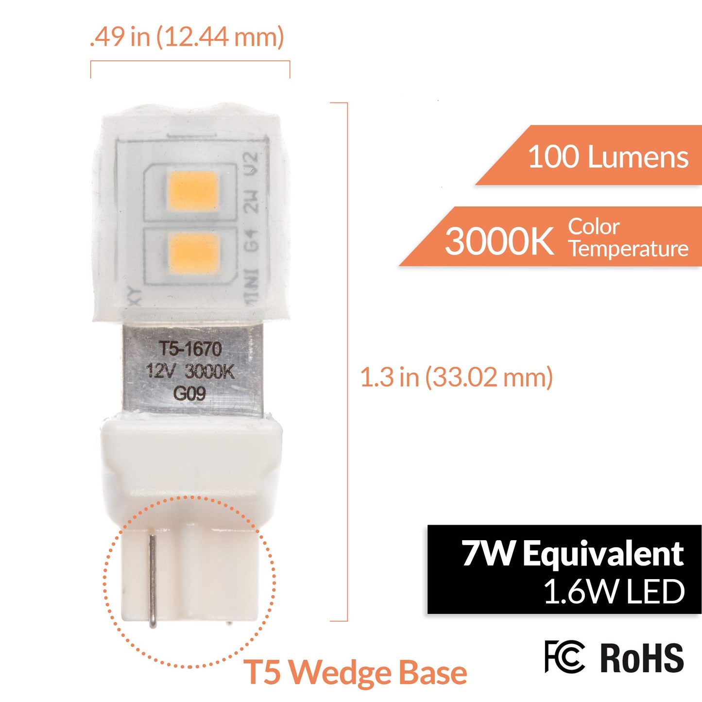 Newhouse Lighting T5 LED Bulb Halogen Replacement Lights, 1.6W (7W Equivalent), Wedge Base, 90 Lumens, 12V, 3000K