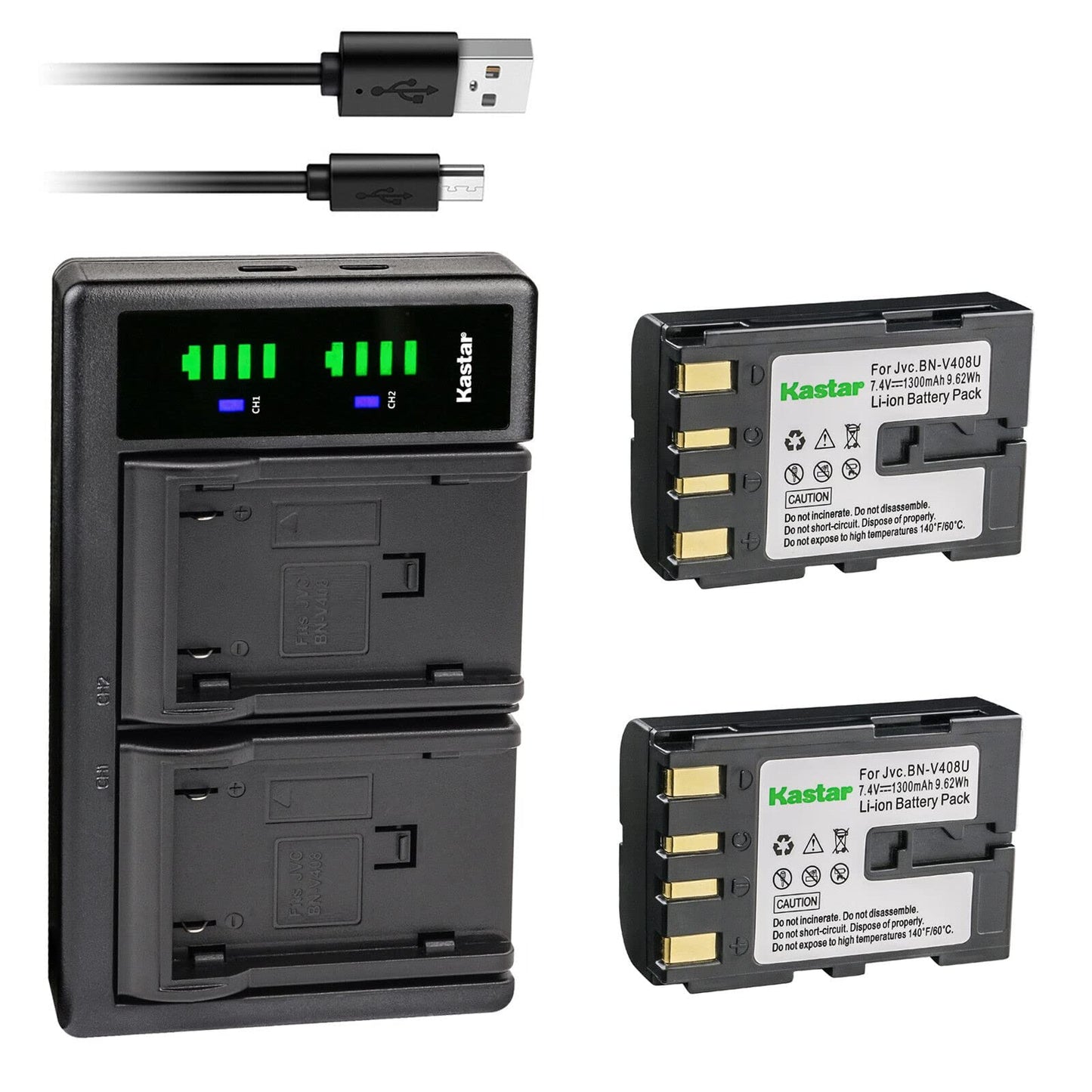 Kastar 2-Pack Battery and LTD2 USB Charger Replacement for JVC BN-V408 BN-V408U BN-V408US BN-V416 BN-V416U BN-V416US BN-V428 BN-V428U BN-V428US