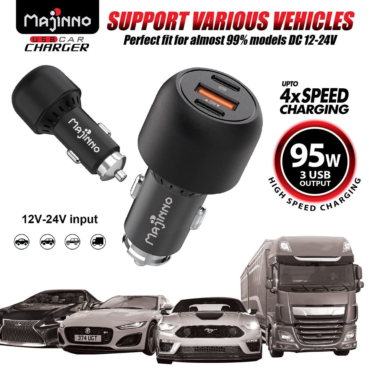 MAJINNO USB C Car Charger Fast Charge pd PPS 95w for iPhone Laptop 65w 30w Super Type QC 3.0 Cigarette Lighter Adapter MacBook Ipad Pixel Chargers