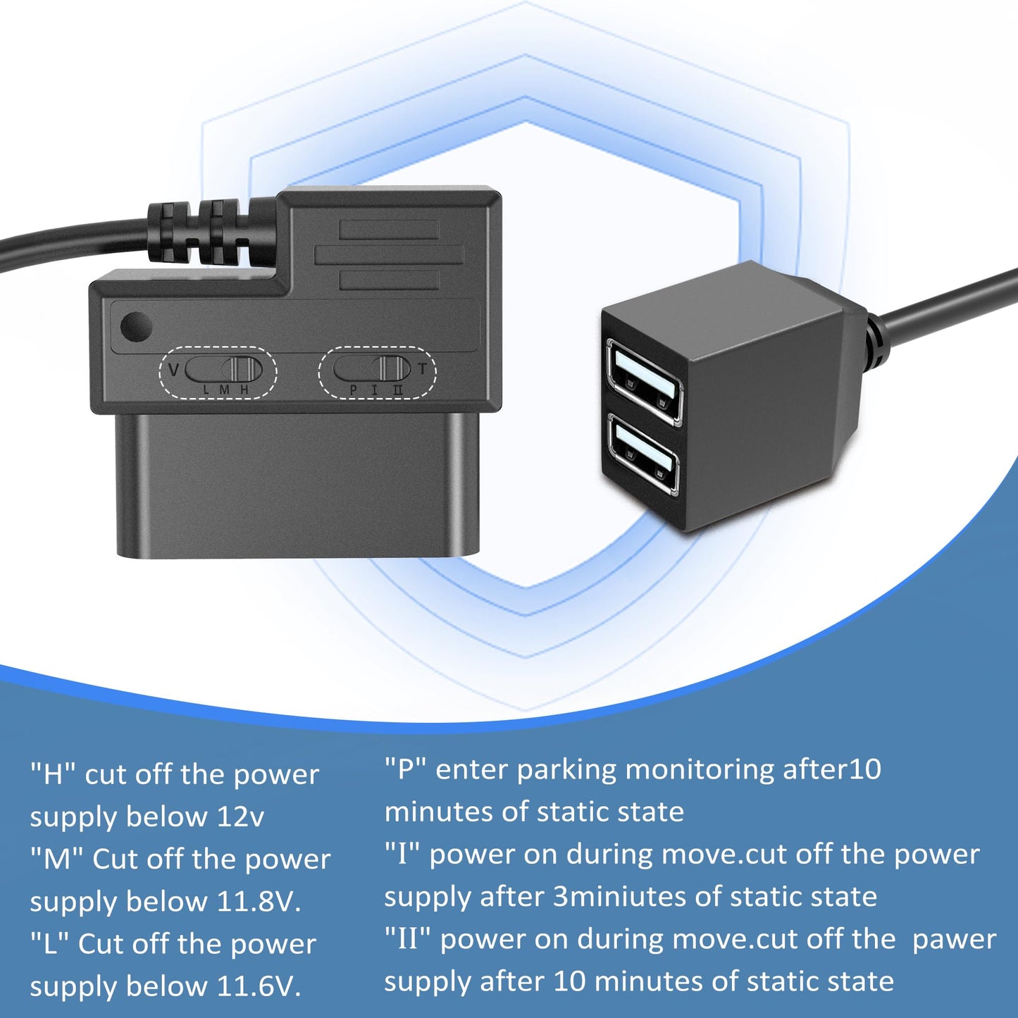 XHQLZMLE OBD Power Cable for Dash Cam, OBD-II Power Adapter with Dual USB Ports, 24H Parking Mode, Low Voltage Protection, Compatible with Garmin Dash