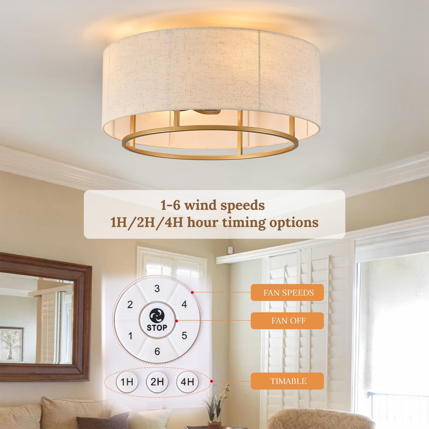 OPKMB 20" Golden Boho Caged Linen Low Profile Ceiling Fan with Remote, 6 Speeds