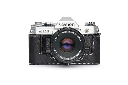 A-1 Case, BolinUS Handmade Genuine Real Leather Half Camera Case Bag Cover for Canon AE-1 A-1 (NO Handle) Camera with Hand Strap (Black)