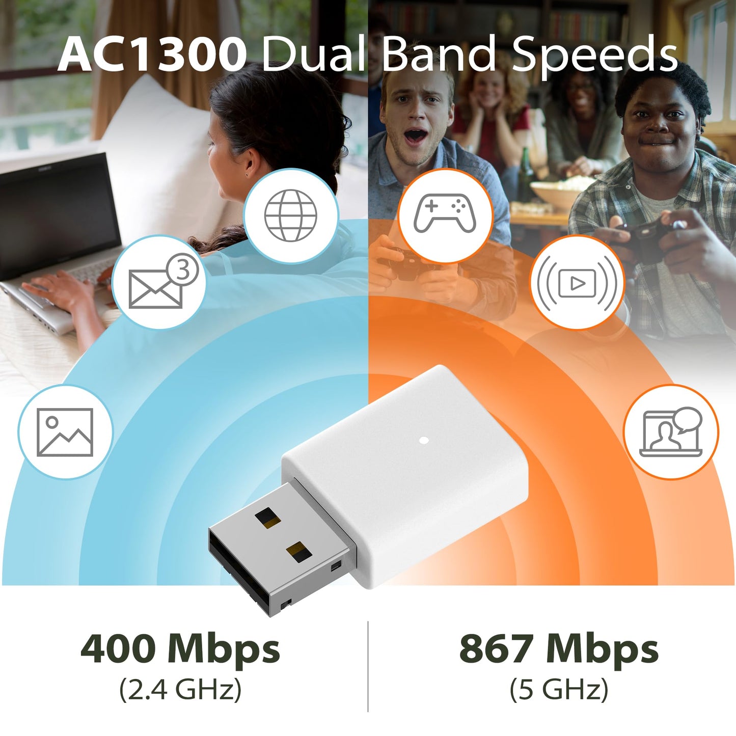 D-Link AC1300 USB WiFi Adapter -2.4/5GHz Dual Band Wireless Internet Travel Size for Desktop PC Laptop -MU-MIMO Plug & Play -Supports Windows 10/11
