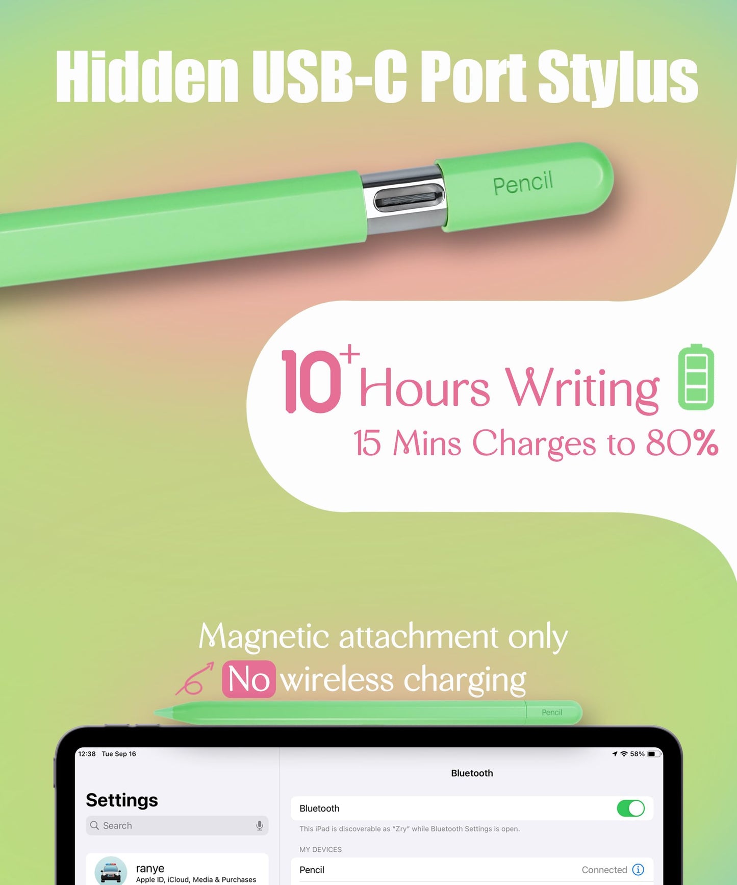 Aplfan USB-C Pencil for Apple iPad 2018-2026: Slide-Switch & Hidden-Port