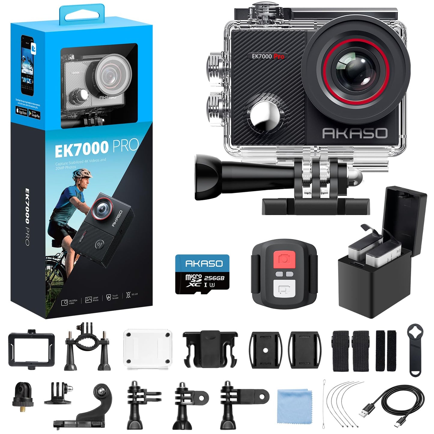 AKASO EK7000 Pro 4K30fps Action Camera with 256GB MicroSDXC U3 Card Accessories Kit Bundle, 20MP Ultra HD 131ft Waterproof Underwater Camera EIS WiFi