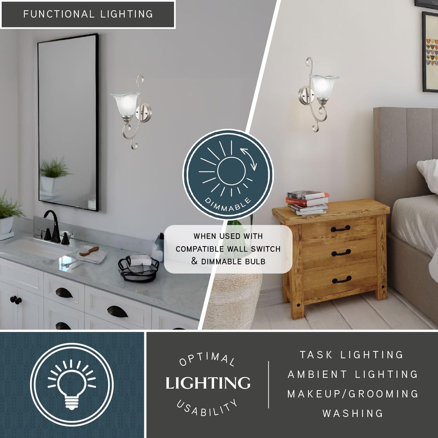VAXCEL Bella 1-Light 7.25 inch Wide Brushed Nickel Transitional Bathroom Vanity Lighting Fixture, White Alabaster Scalloped Glass Shade, Dimmable, LED